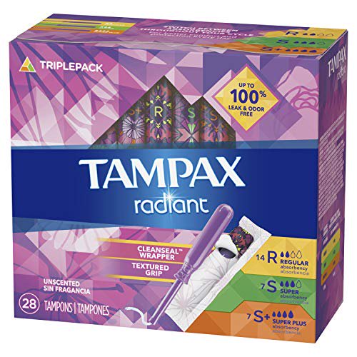 Tampax Radiant Tampons Trio Pack Regular/Super/Super Plus Absorbencia, sin perfume, 28 unidades 
