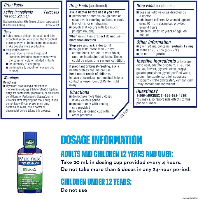 Mucinex Fast-Max DM Max Liquid, 6 fl. oz. Controls Cough, Relieves Chest Congestion, Thins &amp; Loosens Mucus(Packaging may vary)