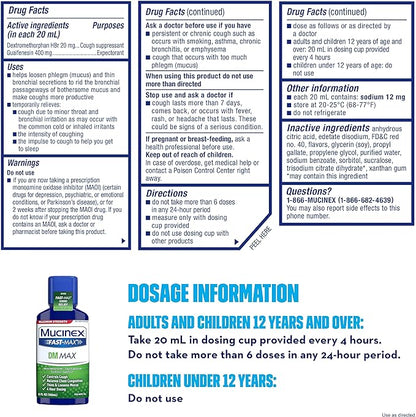 Mucinex Fast-Max DM Max Liquid, 6 fl. oz. Controls Cough, Relieves Chest Congestion, Thins &amp; Loosens Mucus(Packaging may vary)