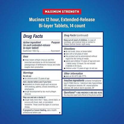 Chest Congestion, Mucinex Maximum Strength 12 Hour Release Tablets, 14ct, 1200 mg Guaifenesin with extended relief of chest congestion caused by excess mucus, thins and loosens mucus