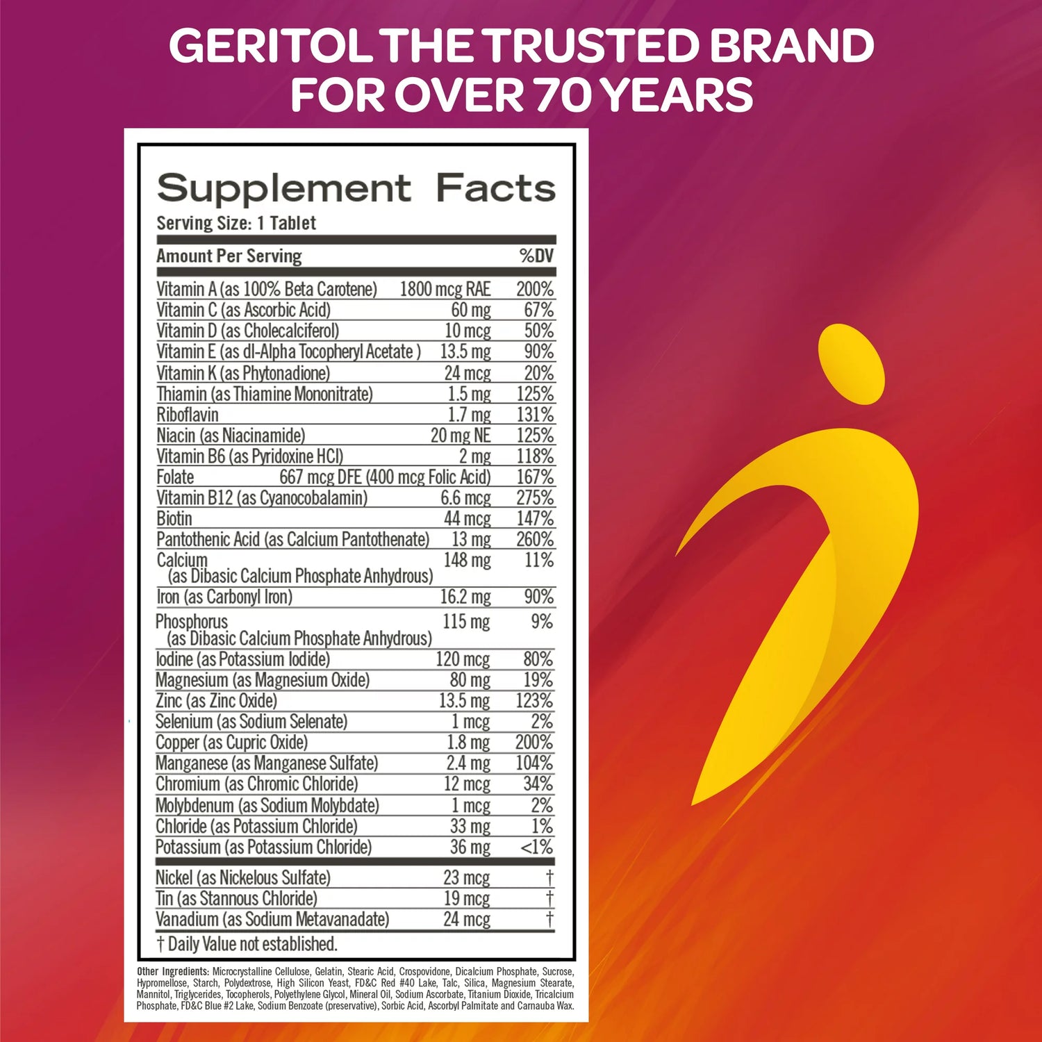 Geritol, Multivitamin Supplement, Contains B-Vitamins, Antioxidants, Vitamins C, E &amp; D and Iron, 26 Essential Vitamins and Minerals, Gluten-Free, Non-GMO, No Artificial Sweeteners, 100 Tablets