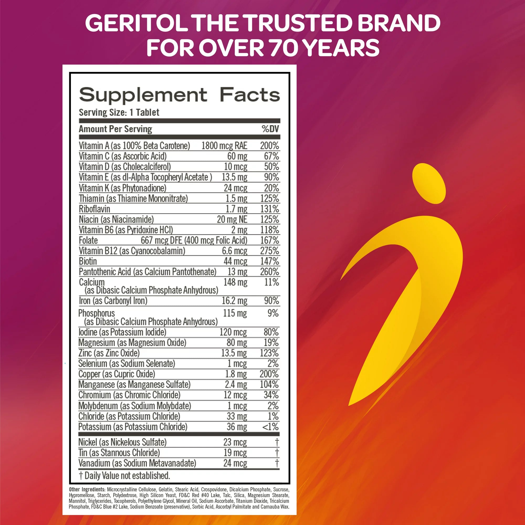 Geritol, Multivitamin Supplement, Contains B-Vitamins, Antioxidants, Vitamins C, E &amp; D and Iron, 26 Essential Vitamins and Minerals, Gluten-Free, Non-GMO, No Artificial Sweeteners, 100 Tablets