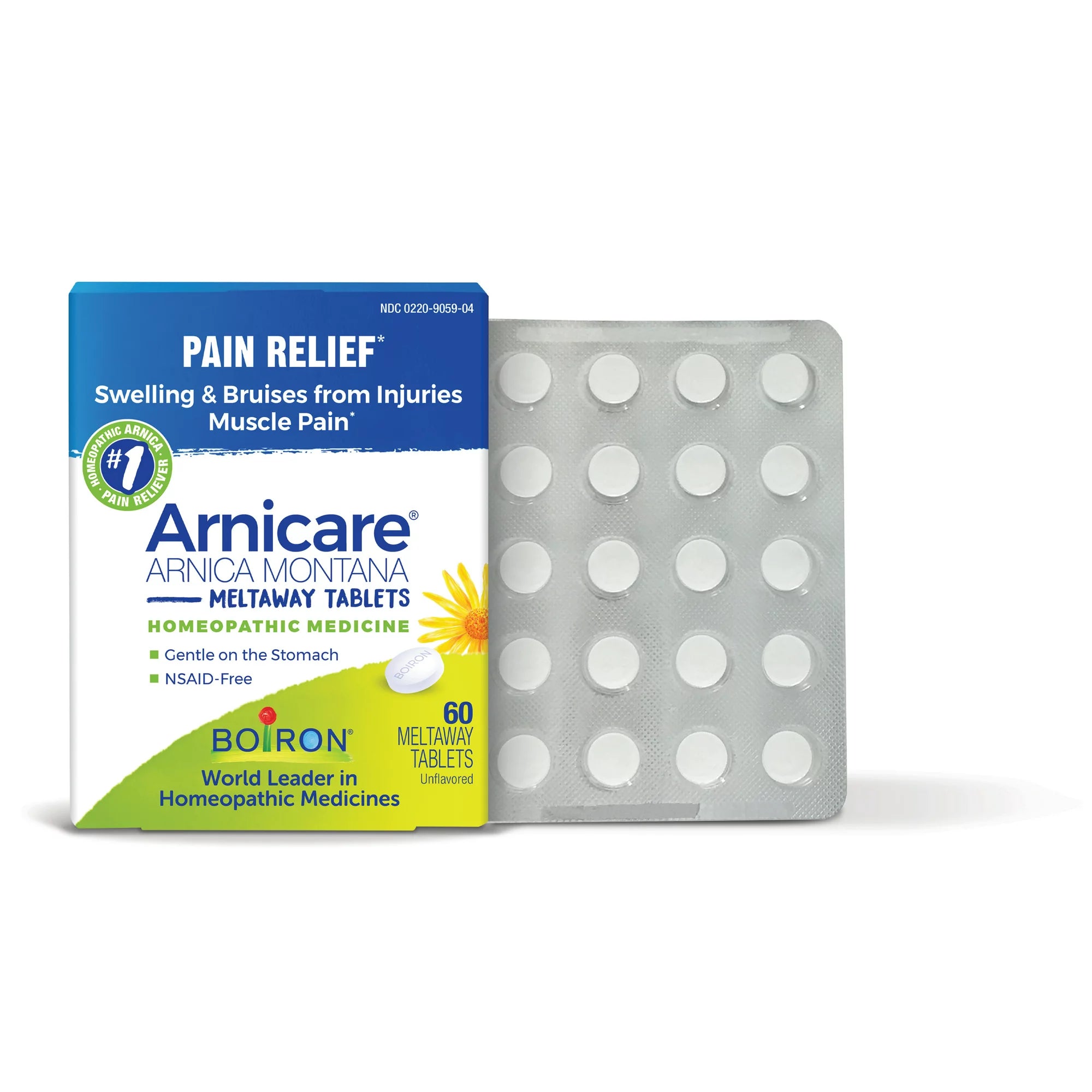 Boiron Arnicare Tablets, Homeopathic Medicine for Pain Relief, Swelling &amp; Bruises from Injuries, Muscle Pain, 60 Meltaway Tablets