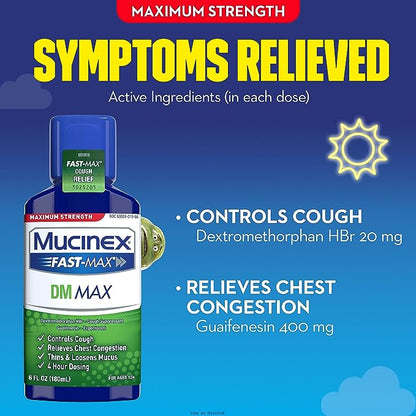 Mucinex Fast-Max DM Max Liquid, 6 fl. oz. Controls Cough, Relieves Chest Congestion, Thins &amp; Loosens Mucus(Packaging may vary)