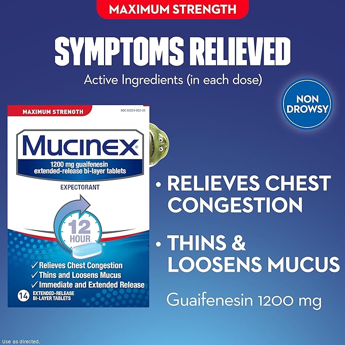 Congestión del pecho, Mucinex Maximum Strength Tabletas de liberación de 12 horas, 14 unidades, 1200 mg Guaifenesina con alivio prolongado de la congestión del pecho causada por el exceso de moco, adelgaza y afloja el moco 