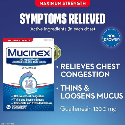 Congestión del pecho, Mucinex Maximum Strength Tabletas de liberación de 12 horas, 14 unidades, 1200 mg Guaifenesina con alivio prolongado de la congestión del pecho causada por el exceso de moco, adelgaza y afloja el moco 