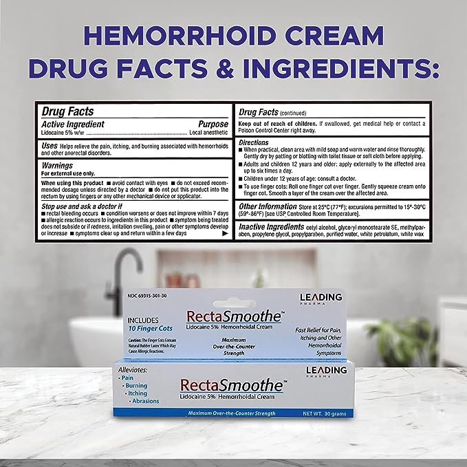 Lidocaine 5% Hemorrhoid Treatment by RectaSmoothe | Maximum Strength Numbing Cream | Fast Pain Relief for Anorectal Disorders