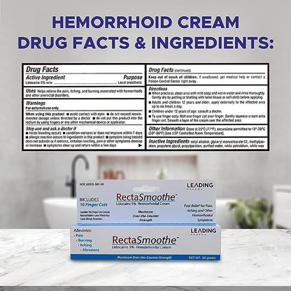 Lidocaine 5% Hemorrhoid Treatment by RectaSmoothe | Maximum Strength Numbing Cream | Fast Pain Relief for Anorectal Disorders