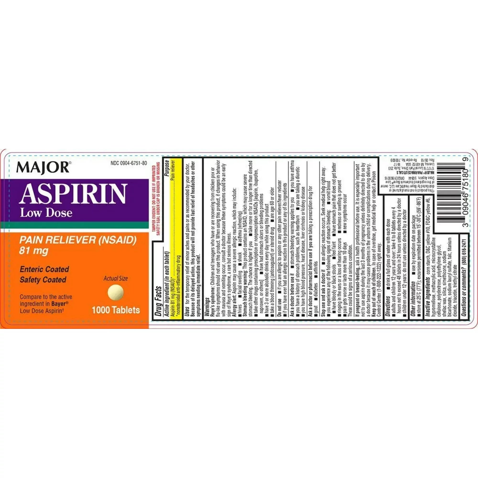 Major Aspirina Analgésico Dosis Baja 81mg 1000 Comprimidos 