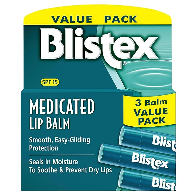 Blistex Bálsamo labial medicado, 0.15 onzas, 3 unidades (paquete de 1) previene la sequedad y agrietamiento, protección solar SPF 15, sella la humedad, bálsamo labial hidratante, fórmula de fácil deslizamiento para una cobertura completa 