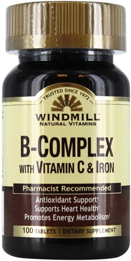 Tabletas de complejo B Windmill con suplemento de vitamina C y hierro - 100 Ea 