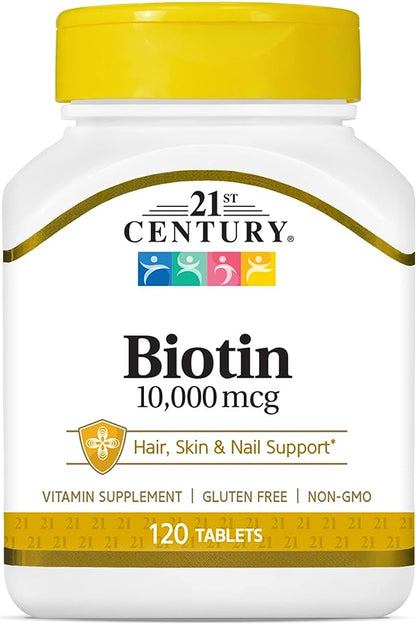 Tabletas de biotina del siglo XXI, 10.000 mcg, sin sabor, 120 unidades 