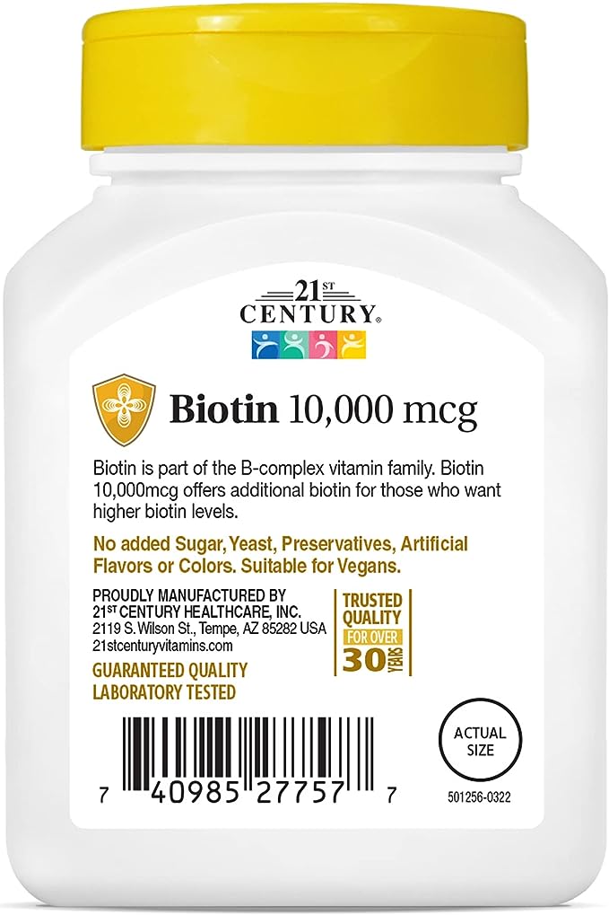 21st Century Biotin Tablets, 10,000 mcg, Unflavored 120 Count