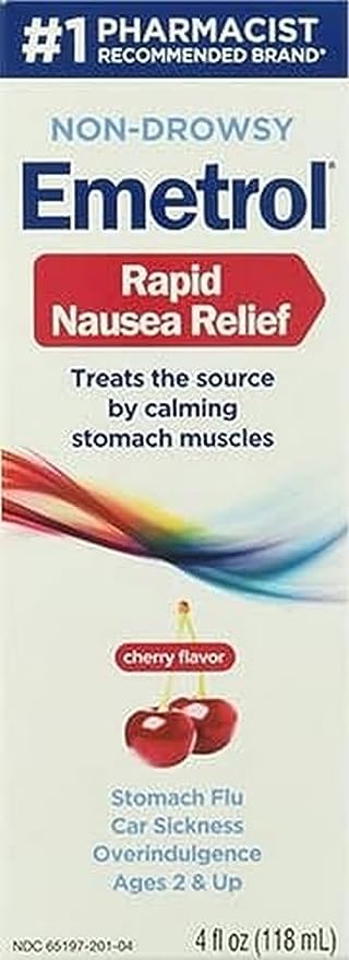 Non-Drowsy Emetrol for Nausea and Upset Stomach Relief, Pharmacist-Recommended, Cherry Flavor, 4 Fl Oz