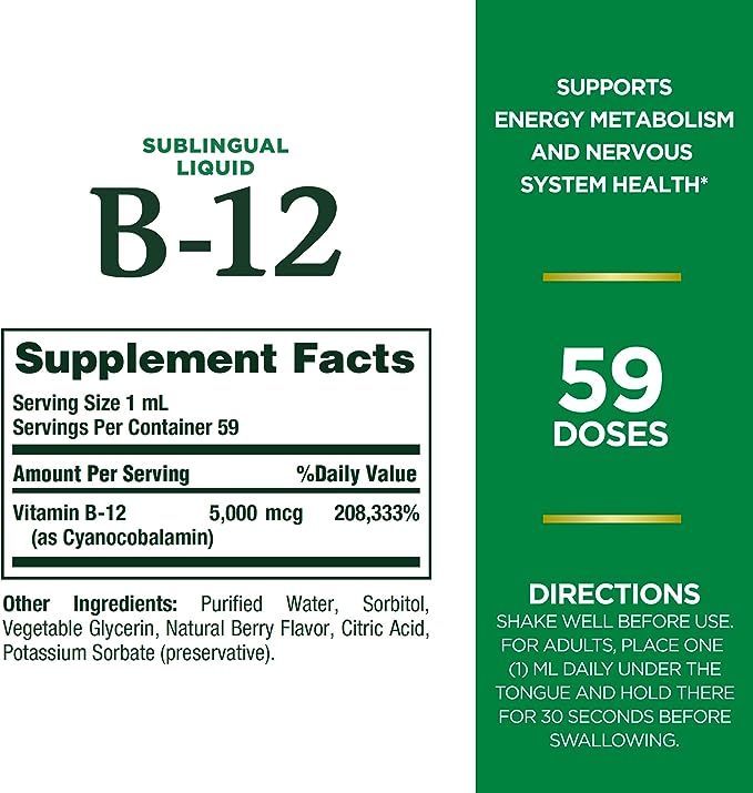 Nature's Bounty Vitamin B12 5000 Mcg Sublingual Liquid, Cardiovascular ...